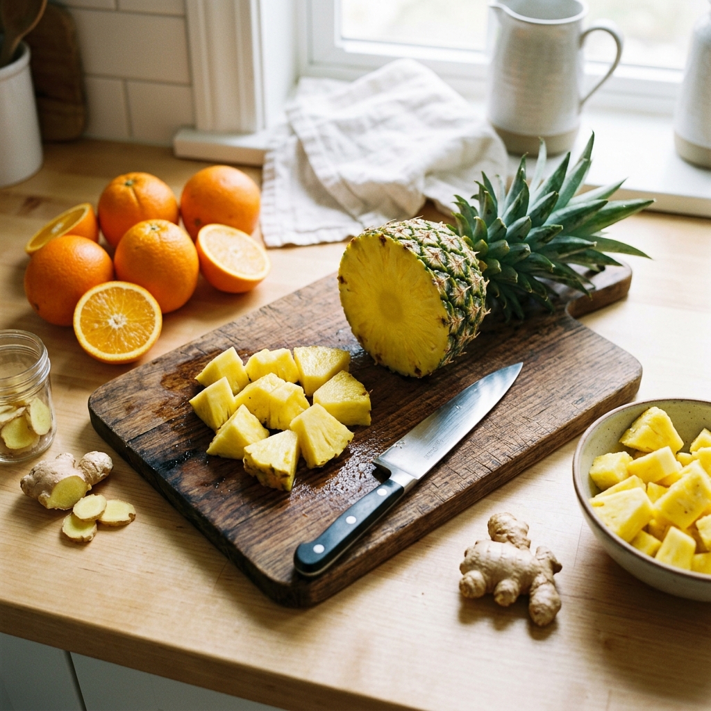 Pineapple and fresh fruits ready for juicing