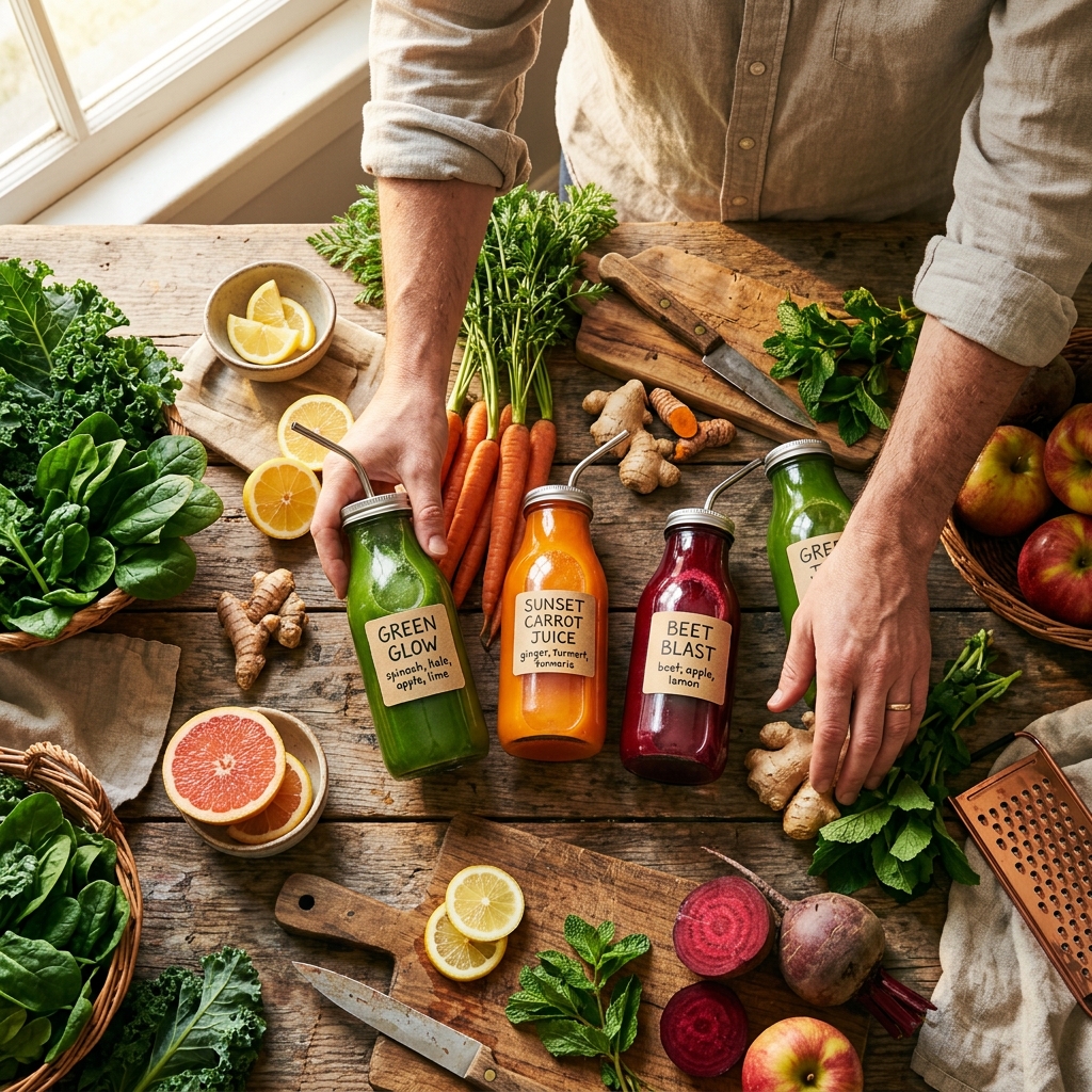 Fresh colorful juices and produce on a kitchen counter